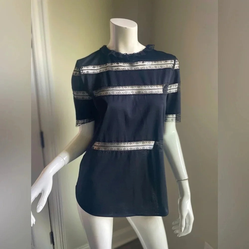 Sandro Black and White Lace Trim Blouse